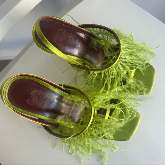 NWOT Staud Anise Feather-Trimmed Satin Heeled Sandals in Lime Green Size EU 36 - Picture 8 of 14